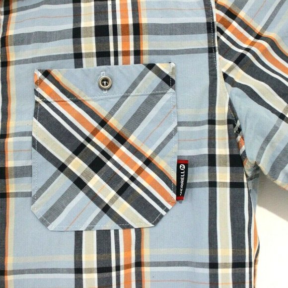 Merrell Mens Size Medium Blue Plaid Metal Button Down Short Sleeve Shirt - Picture 4 of 4